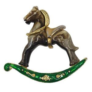 Vintage Rocking Horse Brooch Green Gold Enamel Marbled Plastic Pin